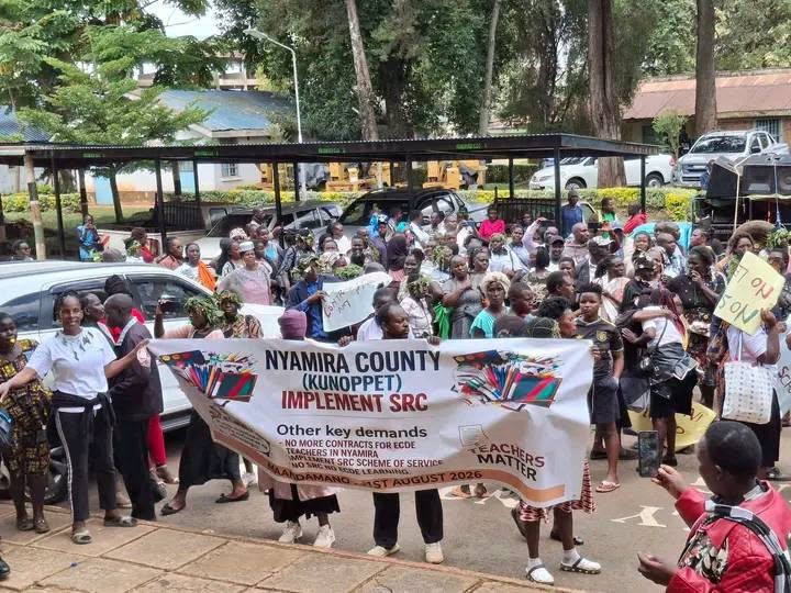 Nyamira early Childhood Development of Education walk on the streets to vent anger against their County Government