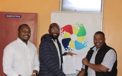 Patrick Nzomo from Strathmore Law Clinic presenting Kajiado County Early Childhood Education (Amendment) Bill, 2026 to Rongai MCA Titus Matheka (r) with Richard Magana of OCTC. Photo Obegi Malack