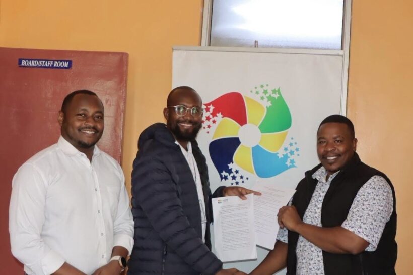 Patrick Nzomo from Strathmore Law Clinic presenting Kajiado County Early Childhood Education (Amendment) Bill, 2026 to Rongai MCA Titus Matheka (r) with Richard Magana of OCTC. Photo Obegi Malack