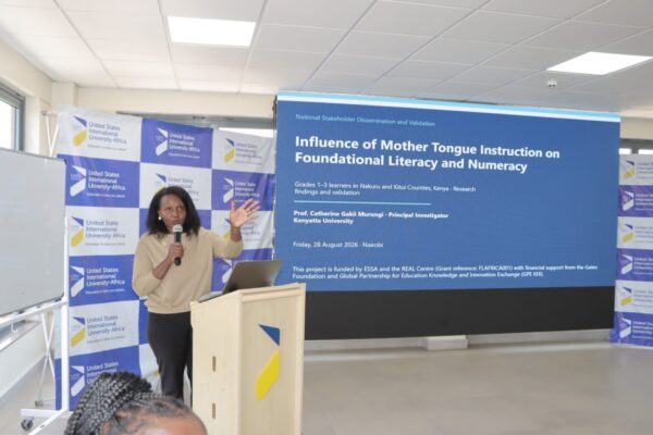 Prof Catherine Gakii Murungi presenting the findings during a stakeholders' findings validation and policy briefing meeting at USIU.