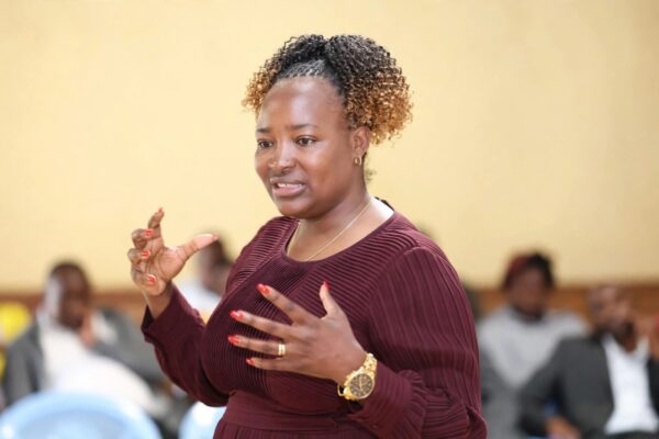 PS Aviation Teresia Mbaika speaks at KMTC Kilungu during the commissioning of sh 150m hostels./Lydia Ngoolo.